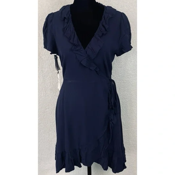 (NWT) SUNDAY BEST • Aritzia Navy Blue Savoy Ruffle Wrap Mini Dress, S - Picture 13 of 16